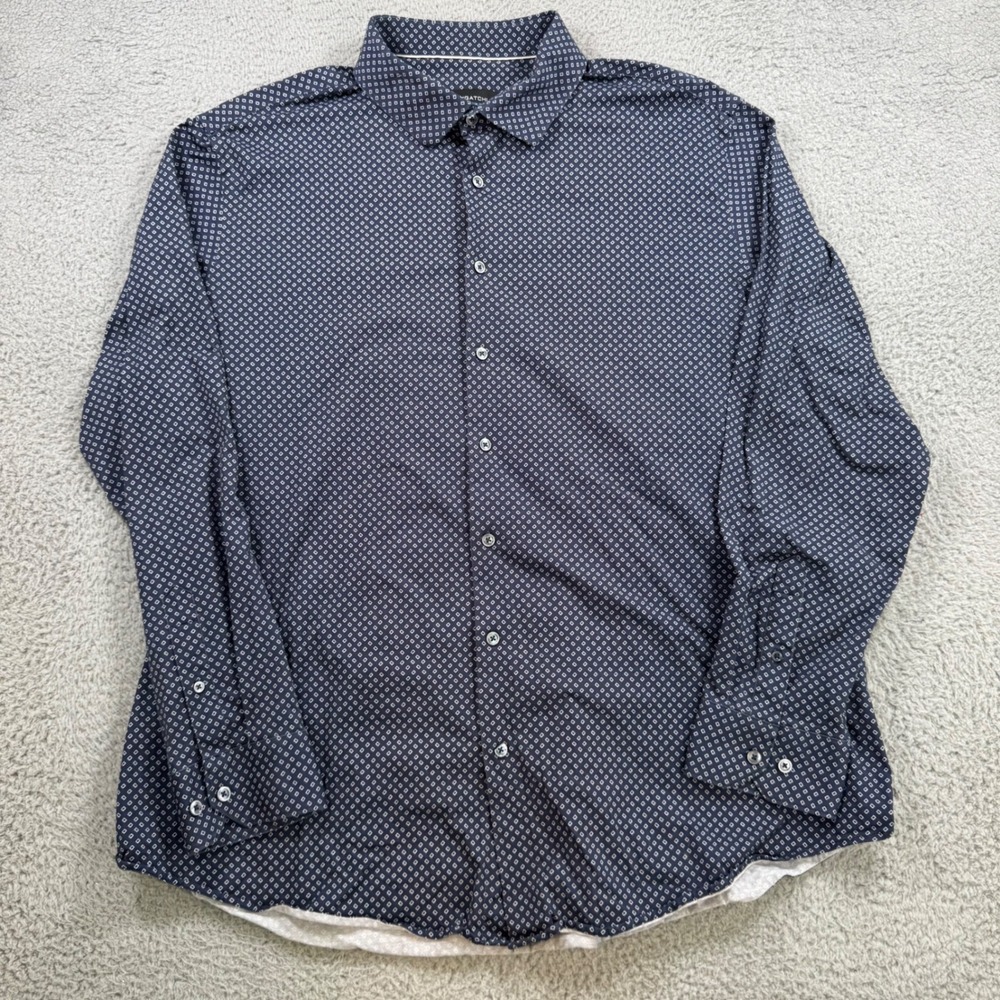 Bugatchi Mens OoohCotton Tech 8-Way Stretch Navy Blue Geometric Shirt 3XL
